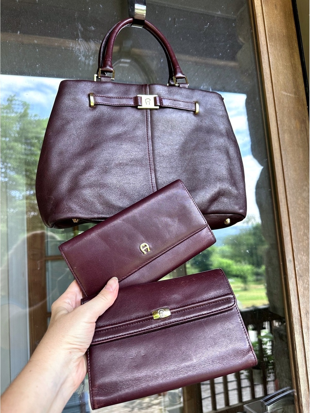 Vintage Etienne Aigner Leather Burgundy Satchel with 2 Wallets